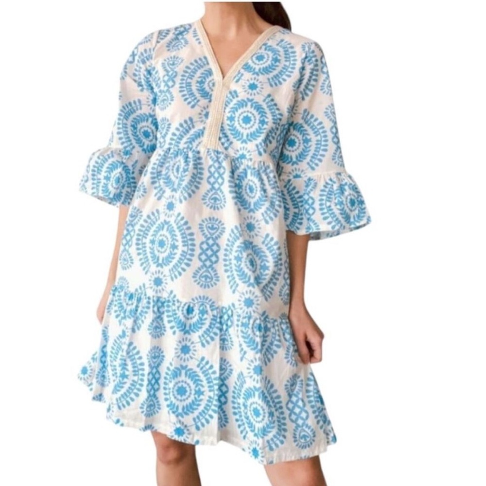 SAIPH Santorini Mini Dress Cotton Bell Sleeves Blue White Size M Italy